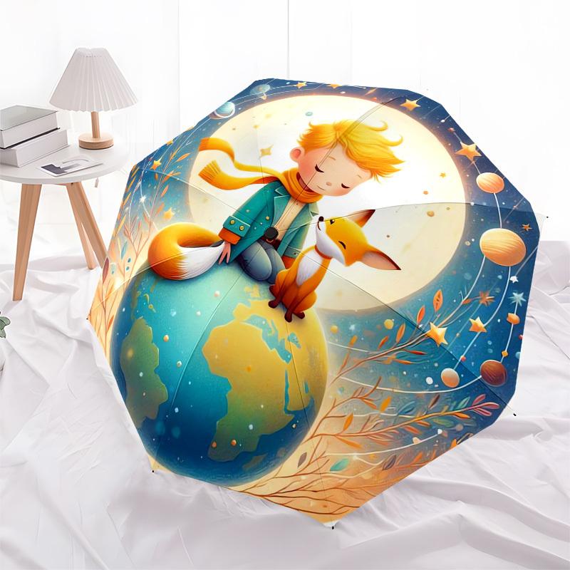 1pc Boy and Fox on Earth with Stars Umbrella with Plastic Handle,Suitable for All Seasons Home Travel Outdoor UmbrellaM960