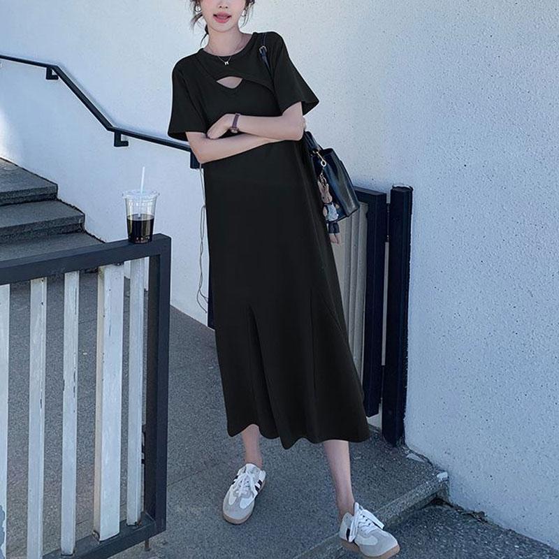 Casual Spliced Hollow Out Midi Dress Summer Short Sleeve Women's Loose Round Basic Solid Color Straight Dresses