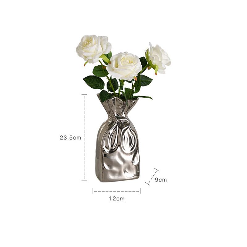 European Ceramic Silver Vase Pleated Bunched Mouth Hydroponic Flower Ware Living Room Dining Table Floral Vase Wedding Ornament