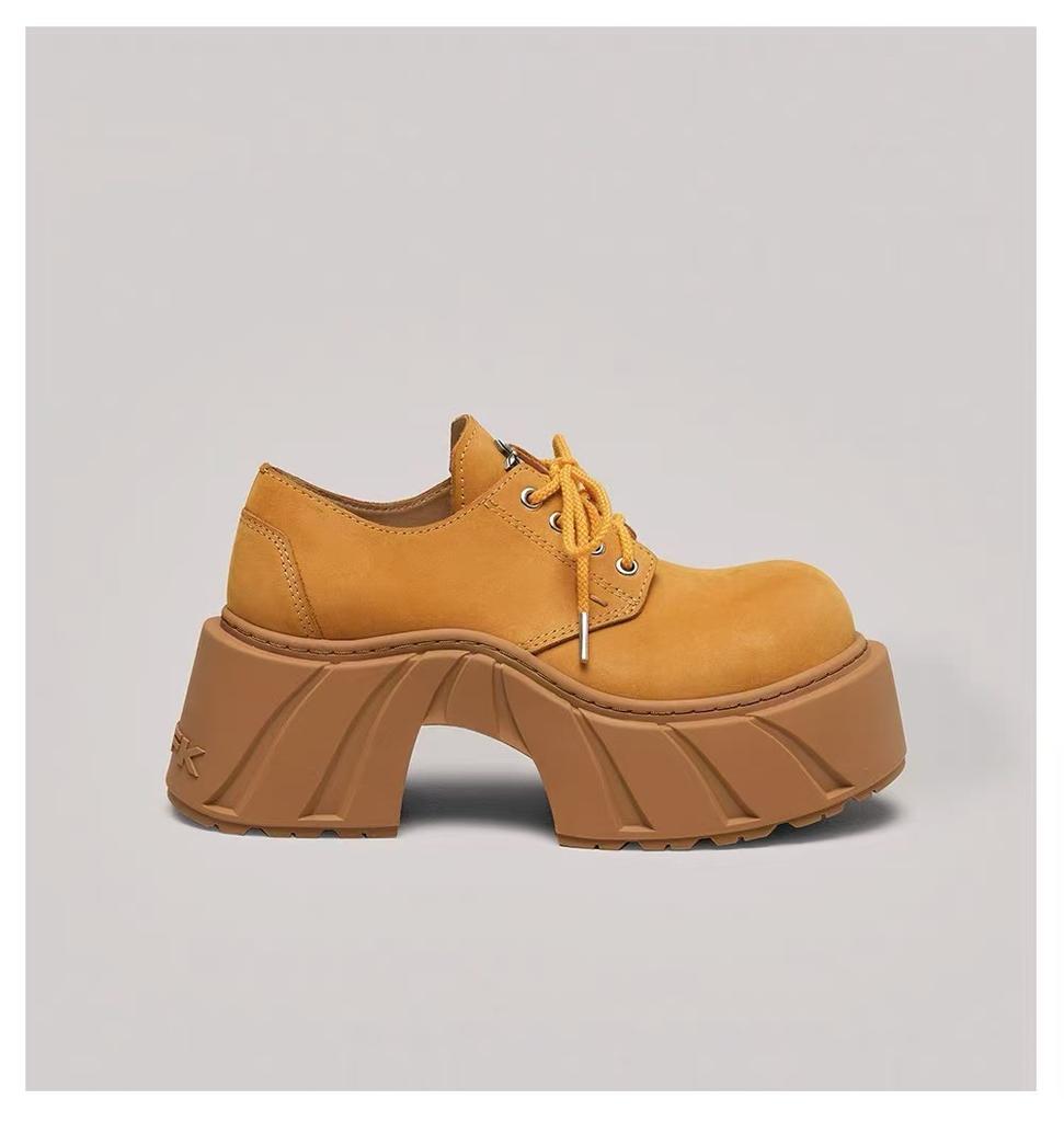 New Women's Leather Round Head High-heeled Single Shoes Retro High-heeled Thick-soled Heightening Lace-up Shoes