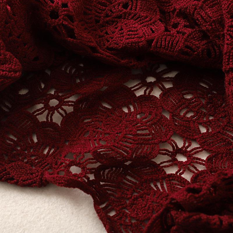 Women's Korean Style Red Sheer Knit Sweater with Hollow Design – Long Sleeve Round Neck, Autumn/Winter 2024