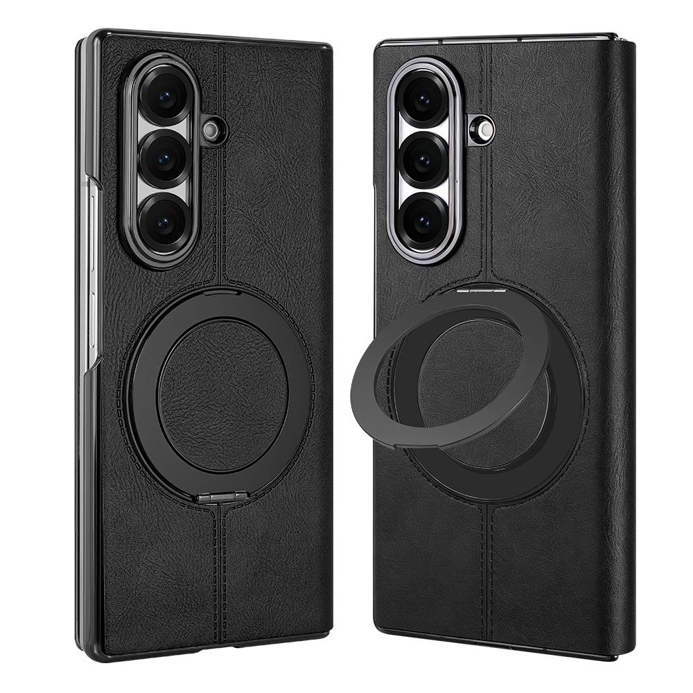 Faux Leather Flip Full Cover Phone Case For Galaxy Z Fold 8 Ultra 7 6 With Rotatable Ring Kickstand Holder, Wireless Charging
