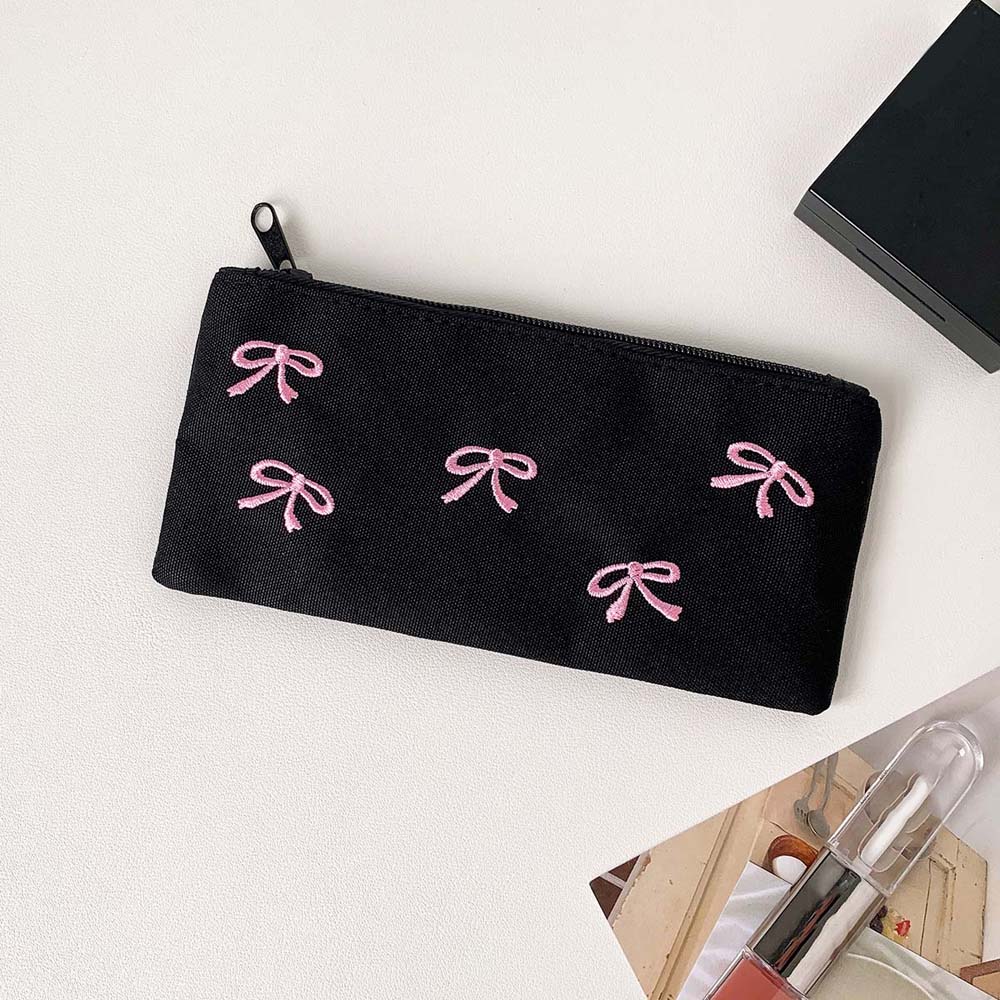 Desktop Storage Korean Style Pencil Case Black Pink Bow Pencil Pouch Bow Stationery Bag Student