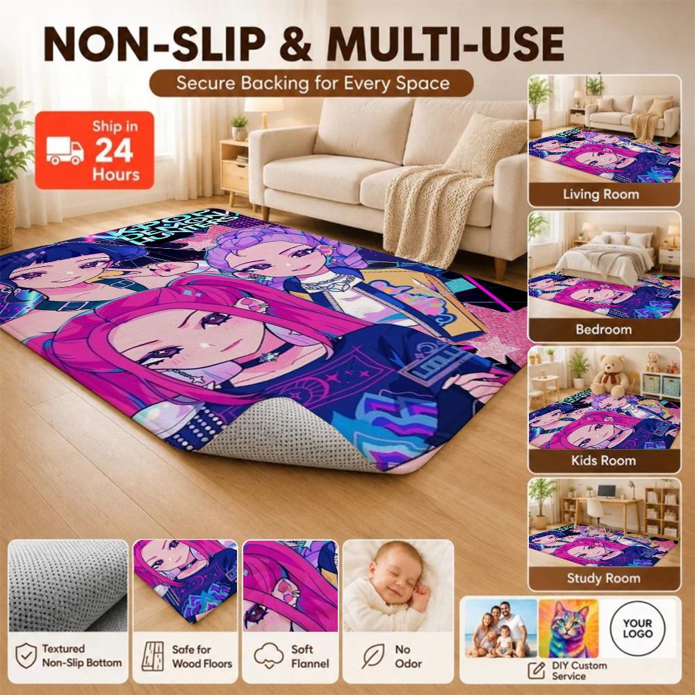 Kpop Demon Hunters Neon Stage Indoor Rug Nonslip Thick Carpet For Entryway Home Party Decor Valentine'S Day Gift
