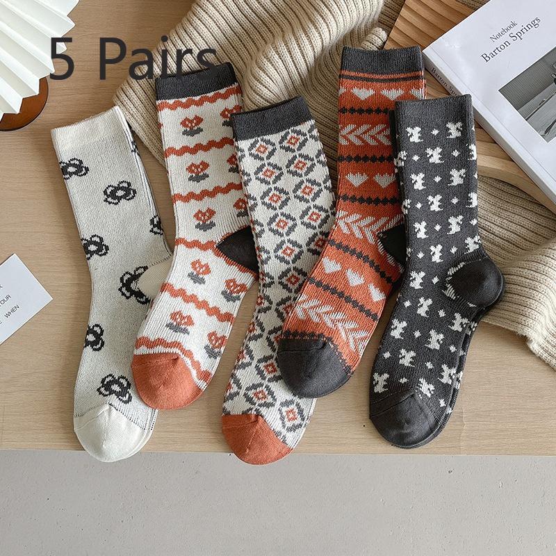 5 Paar Retro-Socken für Damen, Wadenlange Socken für Herbst und Winter, Verdickte und warme rautenförmige gekämmte Baumwoll-Langsocken für Damen