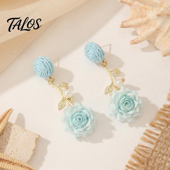 Bohemian Style Earrings 1 Pair Boho Raffia Ball Flower Earrings, Handmade Leaf Romantic Branch Drop Dangle Wedding Bridal Party Jewelry for