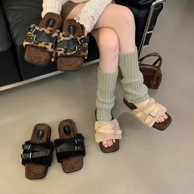 Fashion Flock Open Toe Slippers Women's Shoes Outdoor Slip-on Womens Thick-soled Shoes Hot Selling Leopard Print Women's Slippers