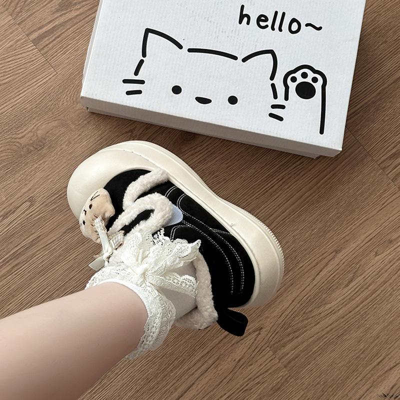 Cute bow KT cat pedal fluffy shoes autumn and winter fashion cartoon Velcro velvet warm girls cotton shoes