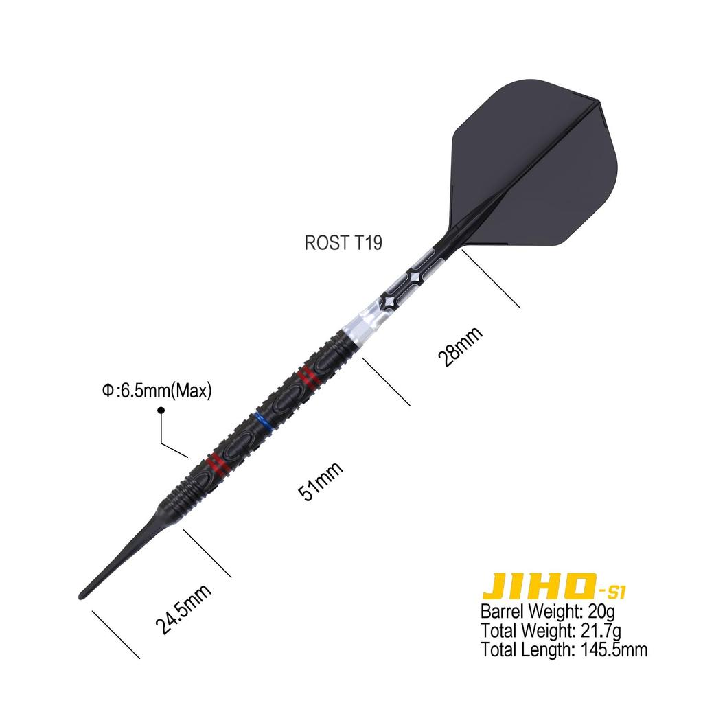 CUESOUL JIHO S1 Gram Tungsten Steel Soft Tip Dart Set with ROST T19 Integrated Flights 18/20 90% Two-Color (CSJH-90R20KJHS1)