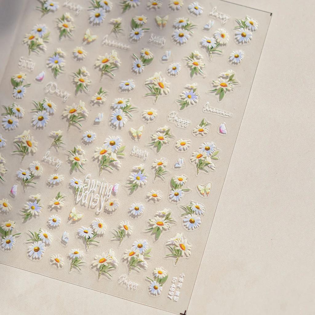Charming Petal Flower Colorful Wildflowers Daisy Leaves 5D Relief Self Adhesive Nail Art Sticker Decoration Manicure Decal DIY