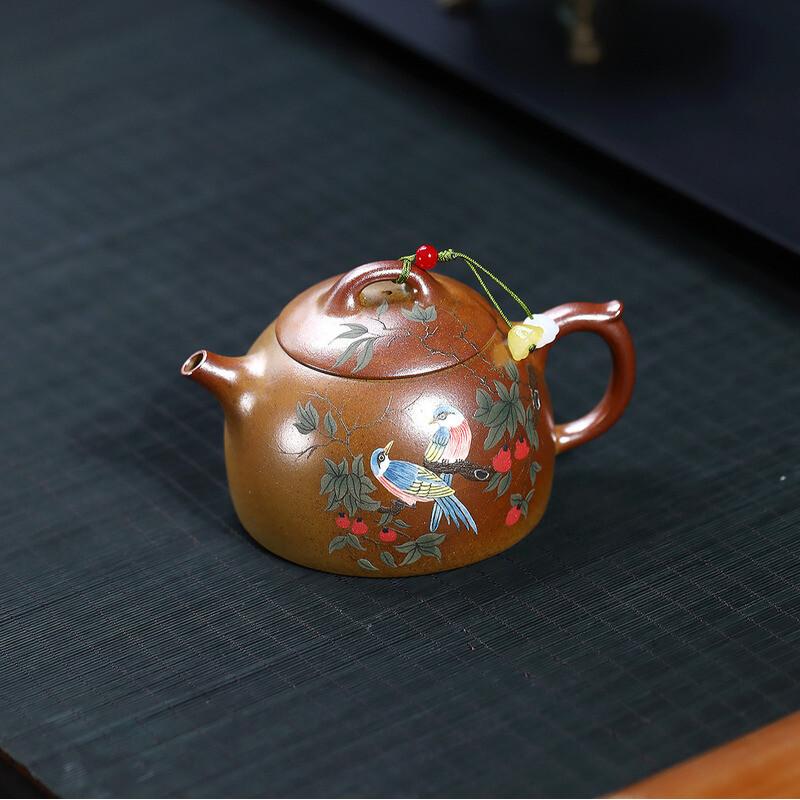 

Чайники из исинской фиолетовой глины 200 мл, ручной работы, с цветами и птицами, из сырой руды, обожженные на дровах, фарфоровый чайник с ситечком для заваривания чая, Zisha