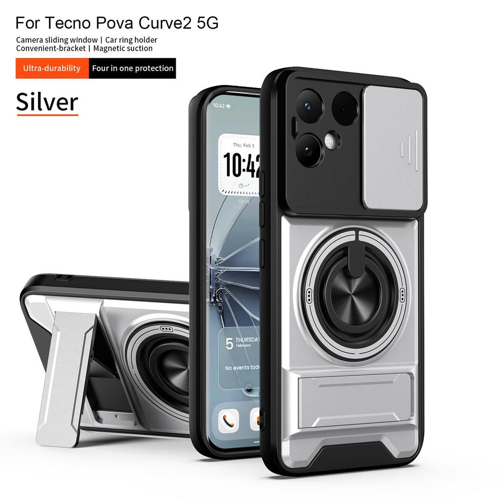 Slide Camera Cover Compatible for Tecno Pova Curve 2 Case With Built-in Ring Stand and Folding Stand