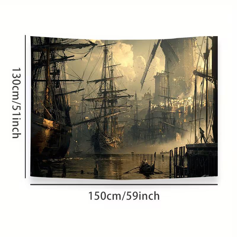 2D Medieval Sailing Vessel Tapestry, Nautical Port Scene Backdrop for Bedroom