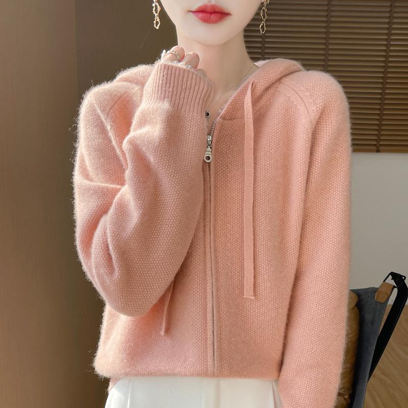 Wool Knitted Jacket for Women Solid Color Autumn and Winter Women's Hooded Double Zipper Sweater Cardigan Thick Top