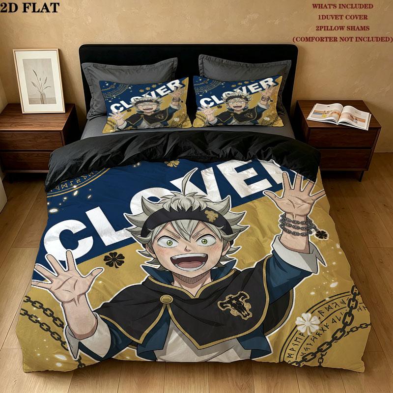Black Clover Pattern Bedding Quilt Set Quilt Cover Pillowcase Home Birthday Gift(1 * duvet cover + 2 * pillowcase, without core)
