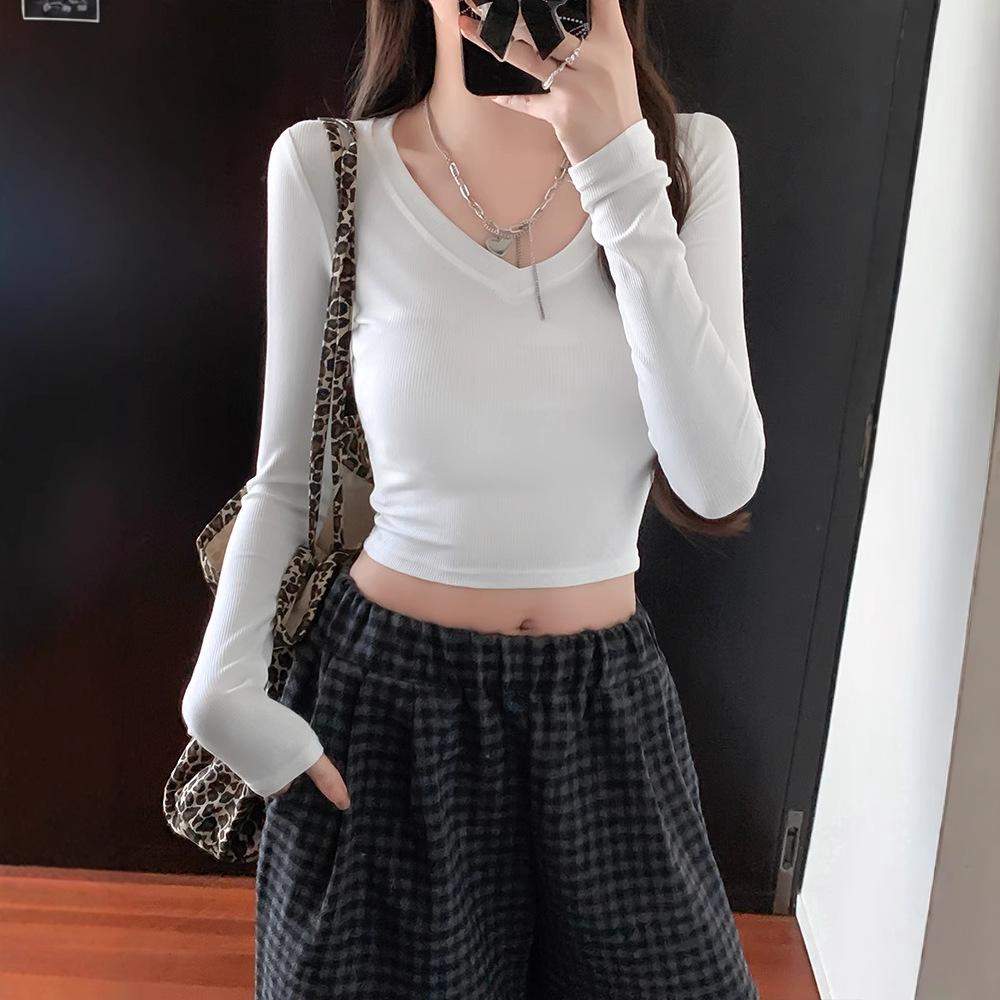 Spice Girl V-Neck Front Shoulder Long Sleeve T-Shirt Women's Spring and Autumn Slim-Fit Bottom Shirt Short Versatile Waist Top