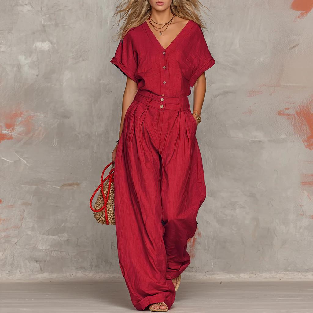 Damen V-Ausschnitt Kurzarm Knopfleiste Oberteil mit Weitbein Hosen Set Lässiges Zweiteiler Outfit Sommer Lockerer Schnitt
