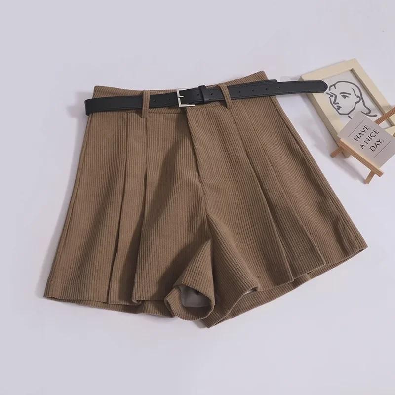 Women's High-Waisted Corduroy Pleated Wide-Leg Shorts, Autumn/Winter 2023, A-Line Boot Pants, Small Sizes