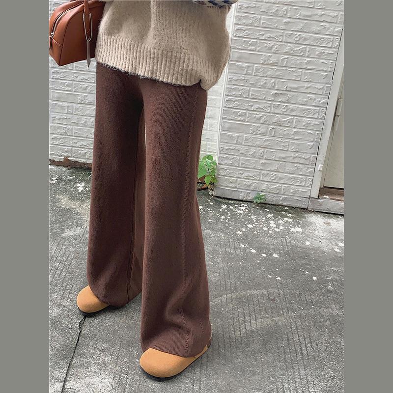 Women's Fashionable Casual Draping Knitted Wide-Leg Pants Elastic Waist Embossed Wool Mopping Trousers