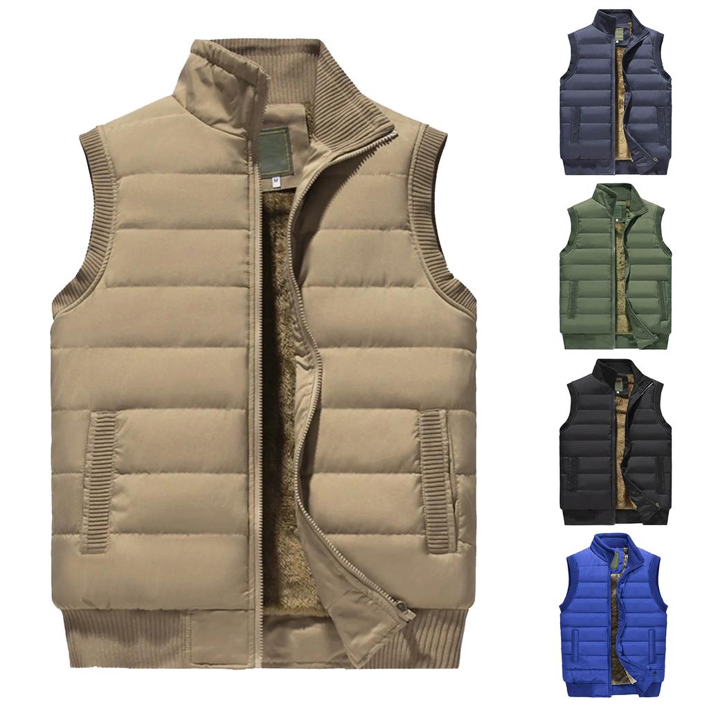 Men's Casual Solid Color Vest, Men's Stand-up Collar Zipper Fleece Warm Sleeveless Vest