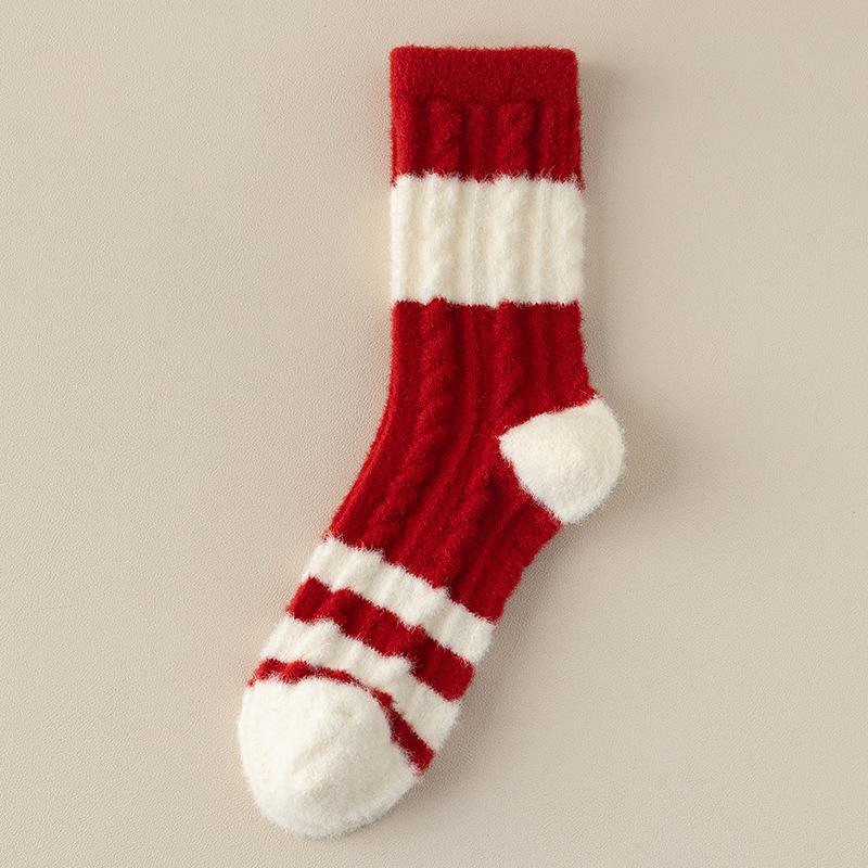 

Women s Striped Red Mid-Calf Socks: Thick Warm Mink Velvet for Autumn & Winter One Size