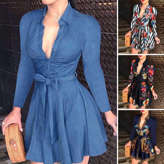 Mode Damen Tiefer V-Ausschnitt Langarm Pfau Blumen Print Wickel Mini Kleid