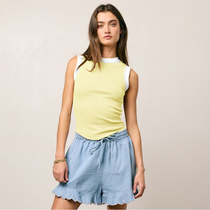 

Fall 2025 New Fashion Knitting round Neck Contrast Color Fake Two-Piece Sleeveless Vest T-shirt Sports Yoga Outerwear Top E25B1680-049# light yellow M