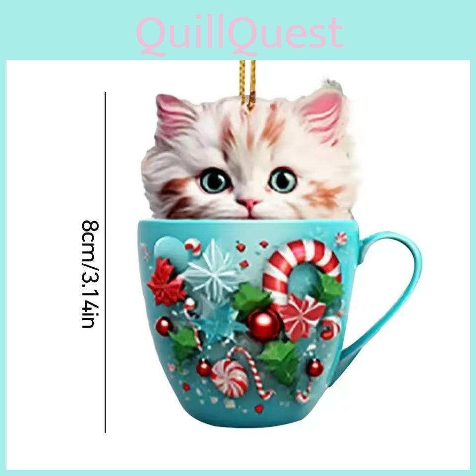 Tea Cute Cartoon Cup Cat Pattern Acrylic Pendant For Christmas Decoration Tree