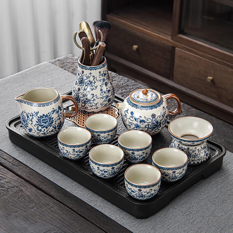 Lainuo Ru Kiln Floral Teapot & 6-Cup Tea Set with Tea Tray