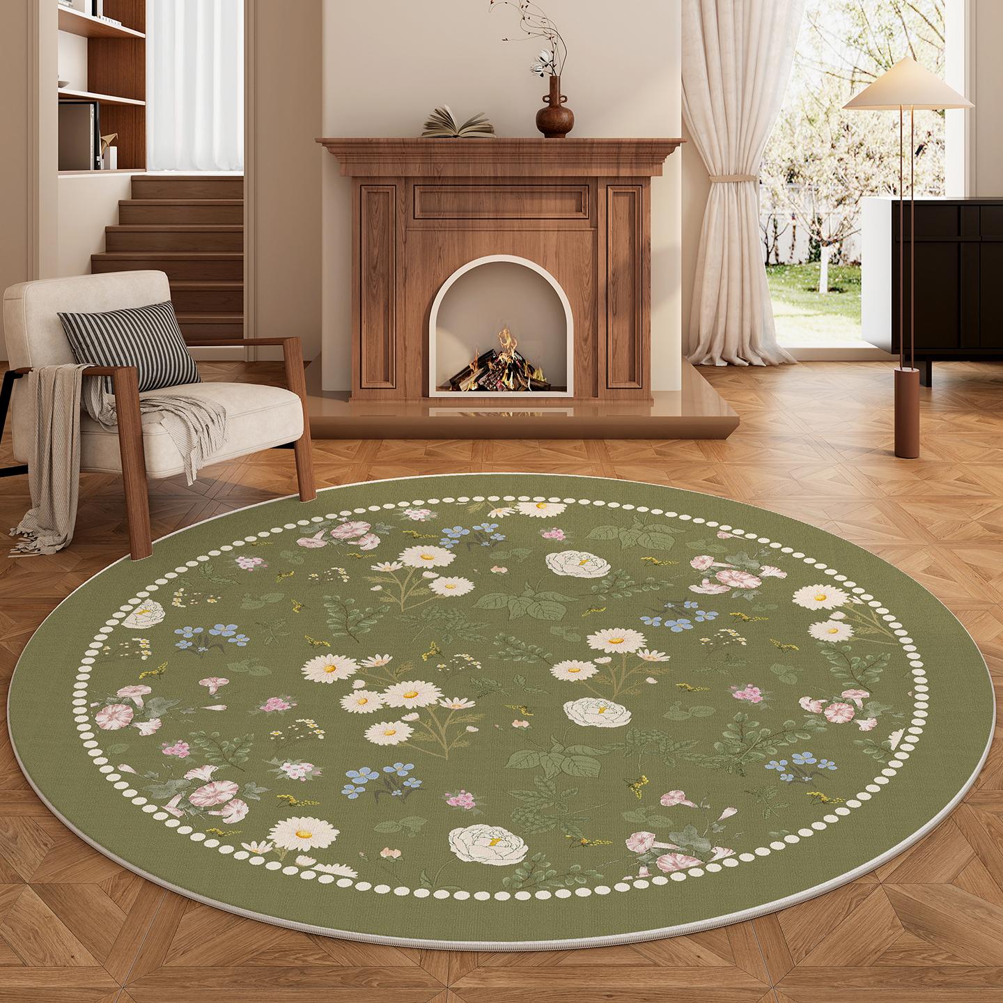 French Style Floral Round Carpet – Washable Green Anti-Slip Rug for Bedroom Living Room Study Home Decor 60cm