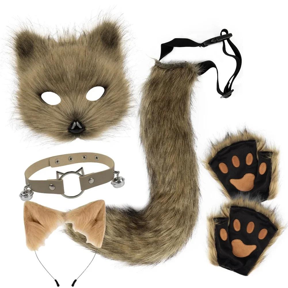 Fox Tail Set Cat Ear Headpiece Tail Fluffy Cat Claw Glove Headband Necklace Set Lolita Anime Halloween Cosplay Costume Accessory
