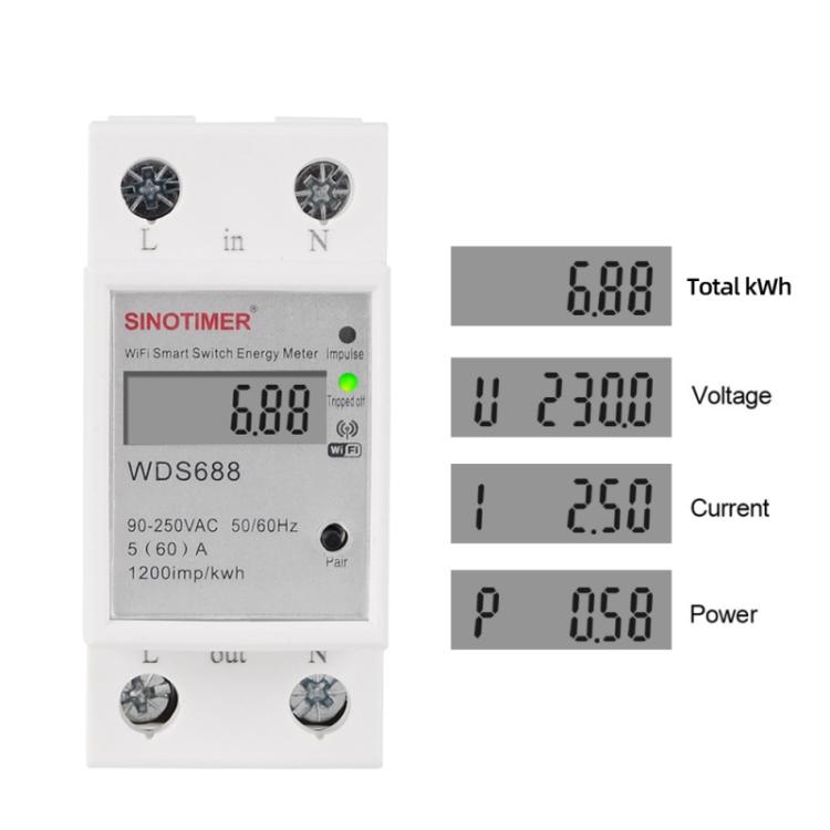 SINOTIMER WDS688 Smart WiFi Single-Phase Power Meter Mobile APP Home Rail Meter 5-60A 230V