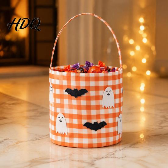Trick or Treat Bags Halloween Bucket Basket for Kids Boys Girls Plaid Pumpkin Fall Festival Decorations Bat Ghost Candy Tote Bag with Handle