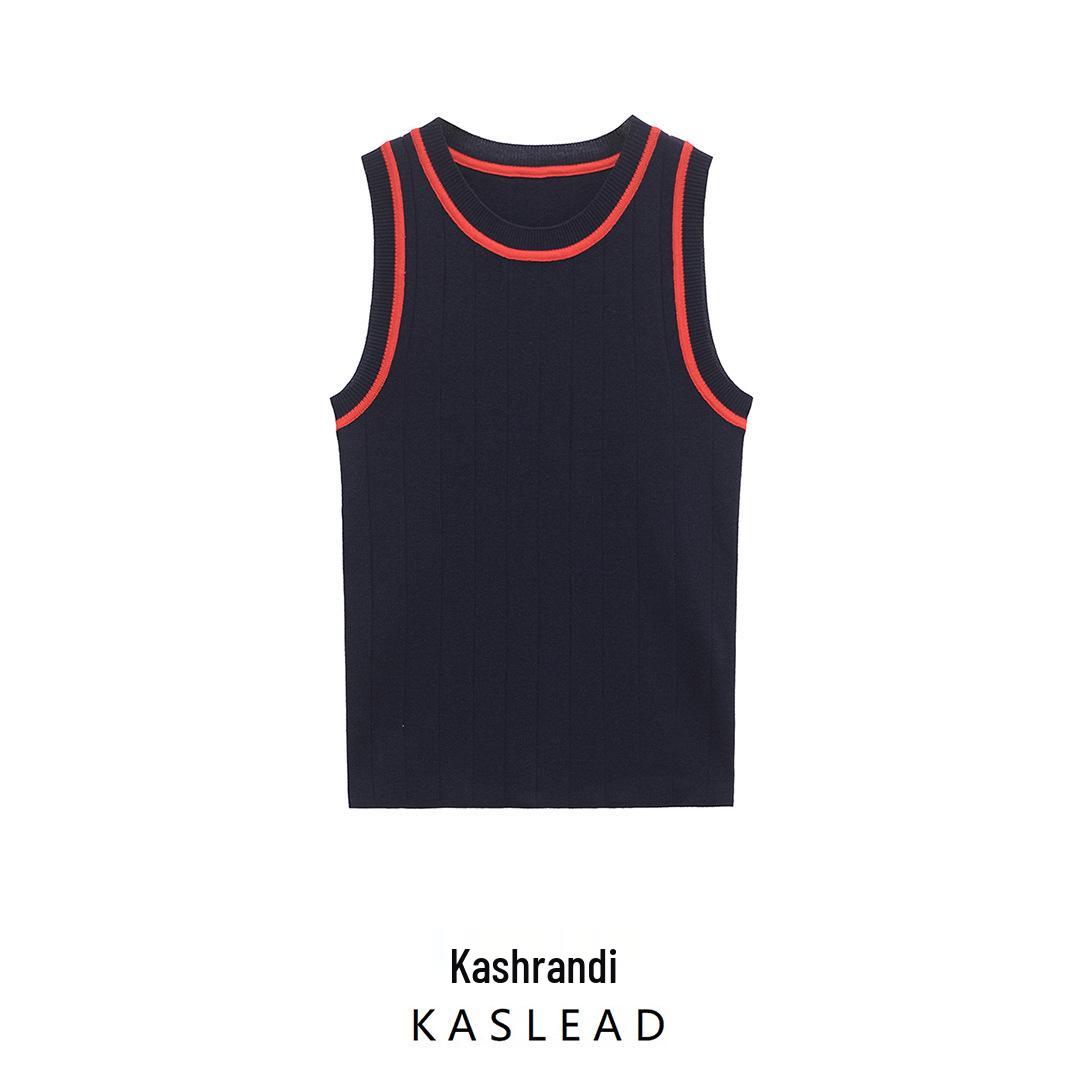 

2025 Spring Women s European & American Color Block Eyelet Sleeveless Knit Top Small