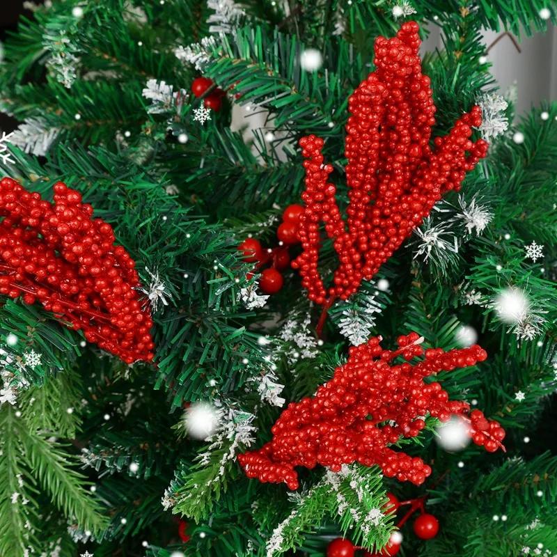 Neuer Weihnachts-Rotbeeren-Zweig Künstliche Stechpalmenbeeren Staubgefäße Blumenkranz für Weihnachtsbaumschmuck Neujahrsparty Heimdekoration