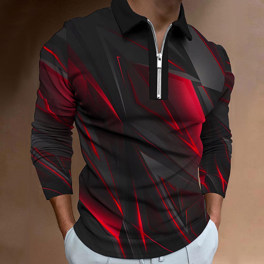Nowa męska zapinana na zamek casualowa slim męska sportowa koszulka polo z długim rękawem z nadrukiem cyfrowym