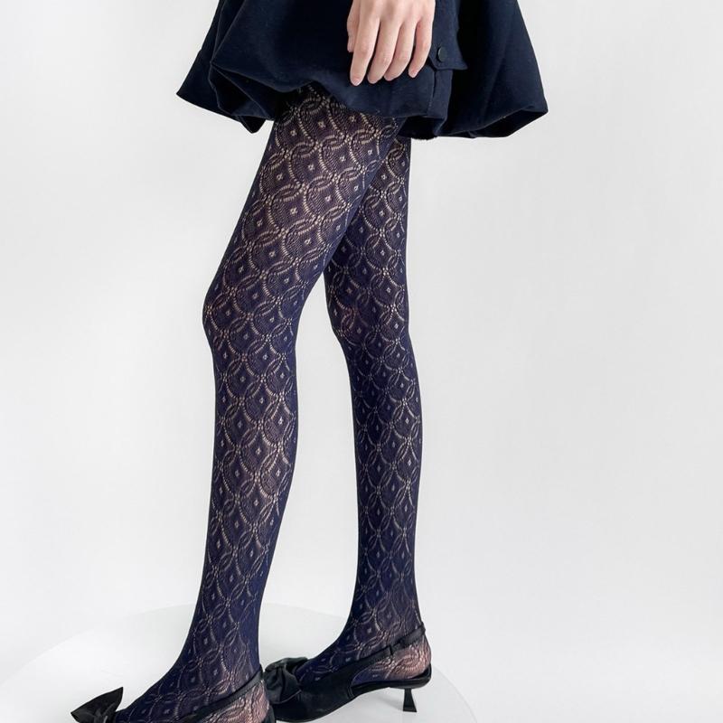 Womens Nylon Sheer Pantyhose Lace Detailing Slimming Pantyhose Solid Color Hollowout Geometric Pattern Stockings Hosiery