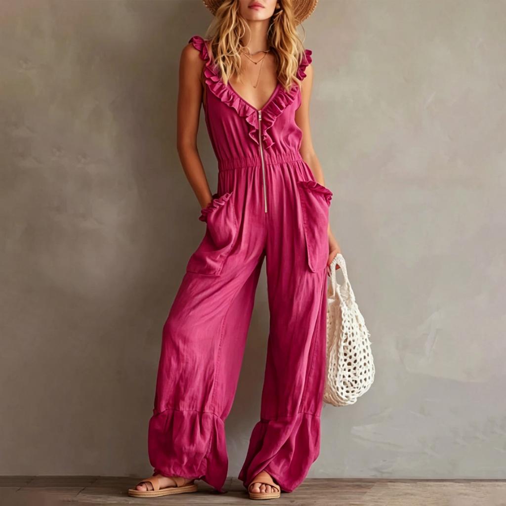 Women's Sleeveless V Neck Jumpsuit with Zipper Front Pockets Ruffle Details Wide Leg Casual Vintage Style Romper