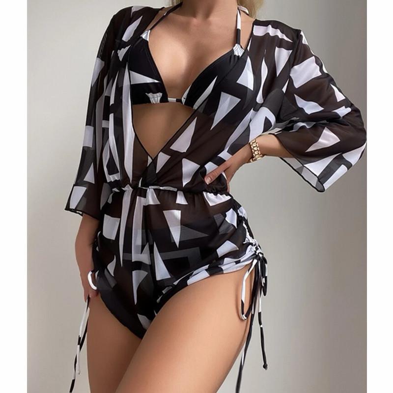 Three-piece bikini waist one-piece swimsuit high waist printed drawstring long-sleeved mesh yarn