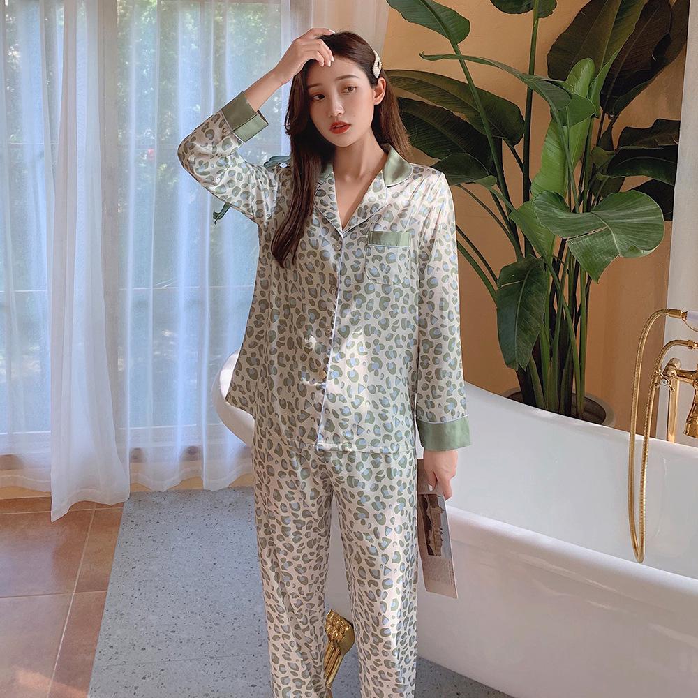 Women's Green Leopard Print Silk Pajama Set - Long Sleeve & Pants - Lightweight Satin for Autumn & Spring