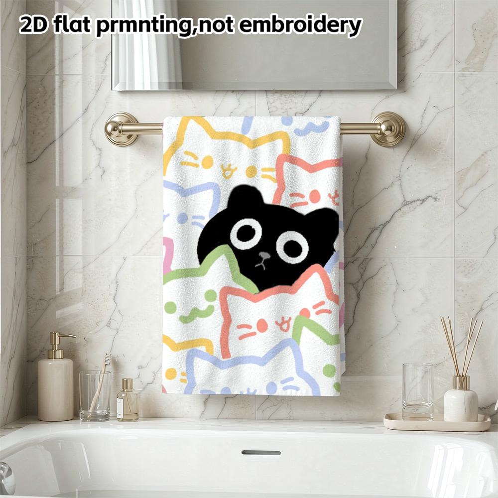 Rainbow Outline Cats Absorbent Towel, Cute Hidden Black Cat Bathroom Hand Towel