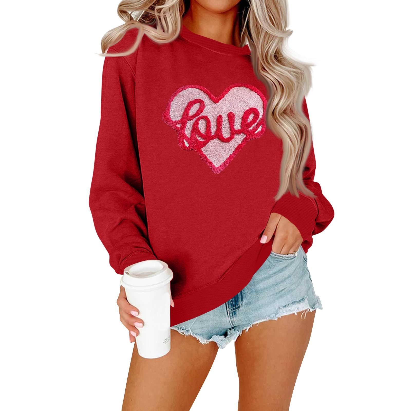 Women s Fashion Casual Long-sleeved Loose Valentine s Day Printed Round Neck Pullover Hoodie Sweatshirt XXXXXL красный