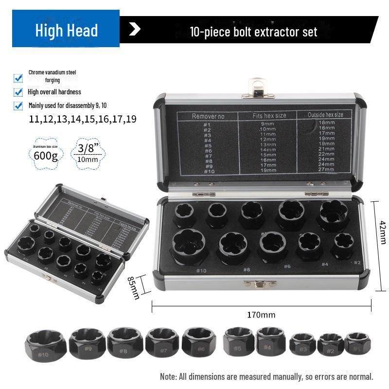 10-Piece Nut & Bolt Extractor Set for Damaged Screws