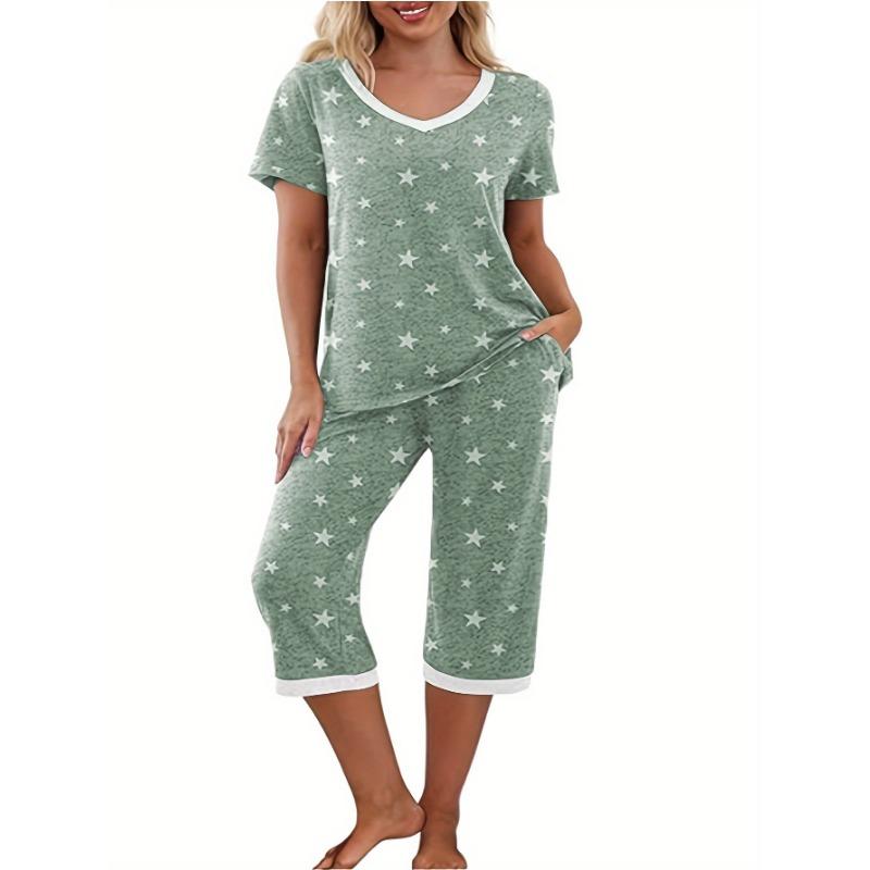 Damen Freizeit Pyjama Set mit Sternenprint - V-Ausschnitt Kurzarm Oberteil & Shorts mit Taschen, Polyester-Mischung, Perfekt für Frühling/Sommer, Pyjama mit entspannter Passform
