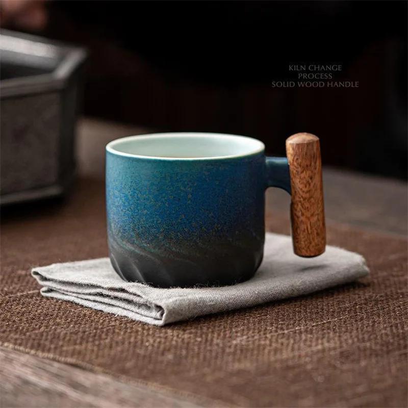 Retro Ceramics Coffee Cup Filter Tea Mug Solid Color Gradient Glaze Wooden Handle Handmade Coffee Cup Tea Cup For Office Gfit