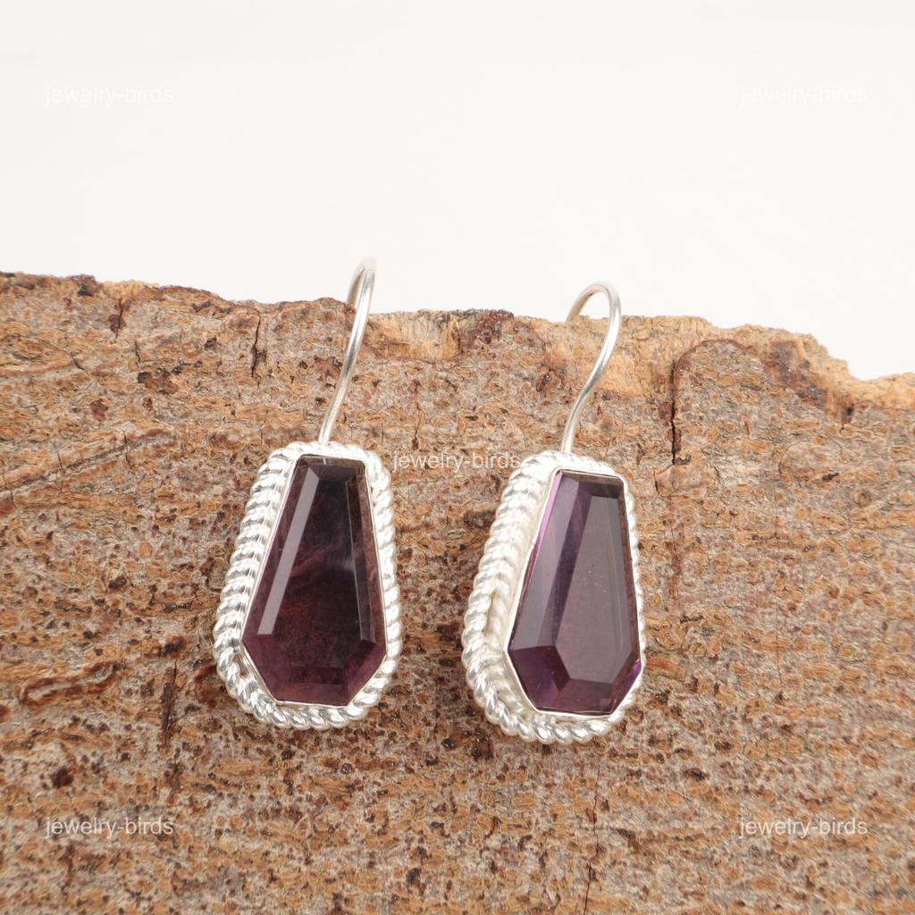 Coffin Natural Amethyst 925 Sterling Silver Ethnic Drop Dangle Hook New Earrings EE-137-6