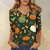 Women's Three-Quarter Sleeve V-Neck Top with Halloween Print for Casual