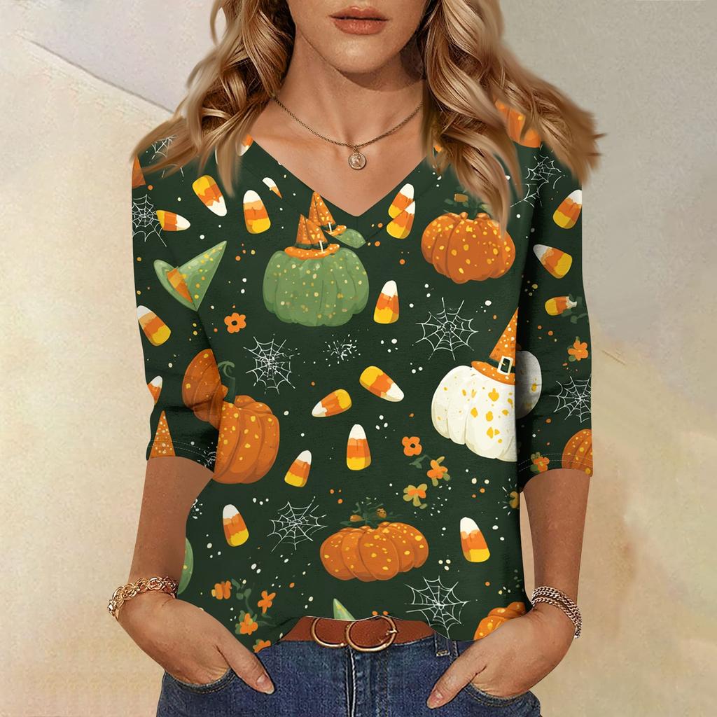 Women's Three-Quarter Sleeve V-Neck Top with Halloween Print for Casual