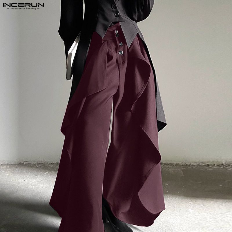 INCERUN Men's Style Punk Wide Leg Trousers Gothic Loose Ruffled Casual Skirt Pants Streetwear Bottoms