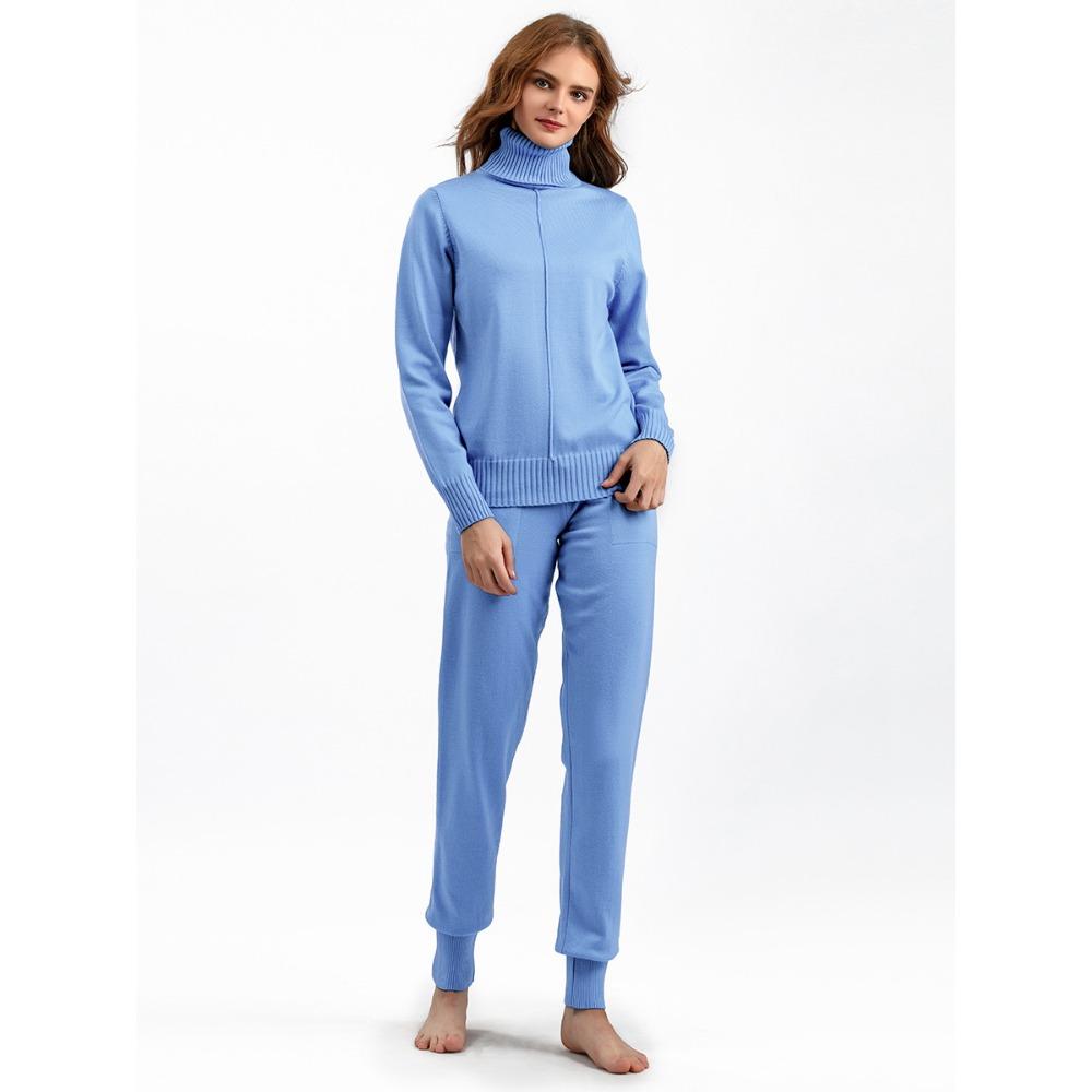 QICED Casual and Fashionable Autumn and Winter High-neck Solid-color Sweater Knitted Two-piece Set